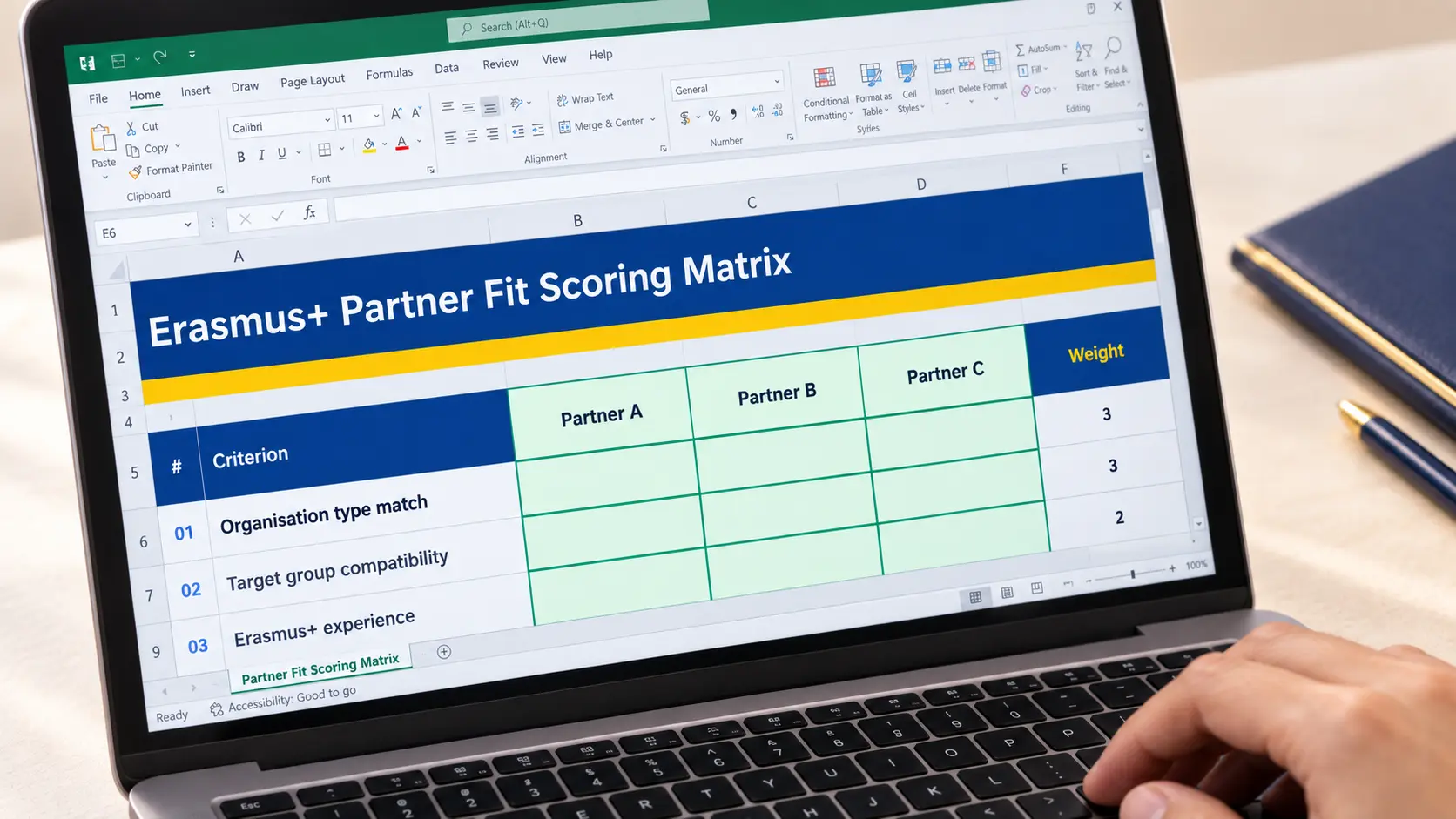 The Erasmus+ Partner Fit Scoring Matrix open in Excel on a coordinator's laptop