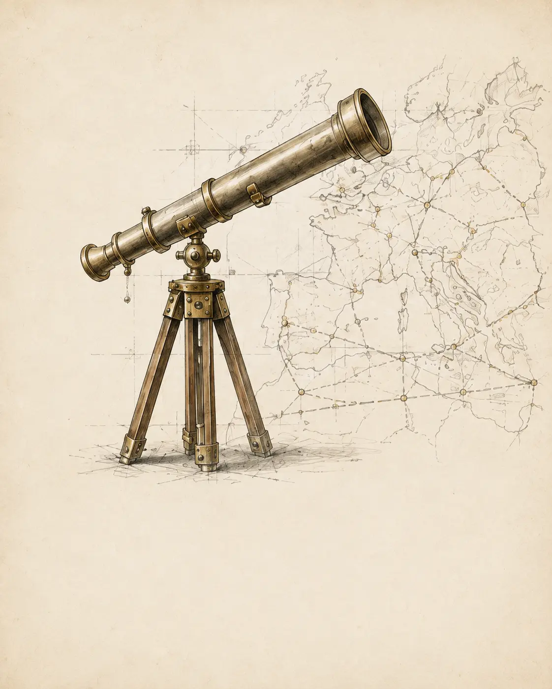 Historic telescope over a route map