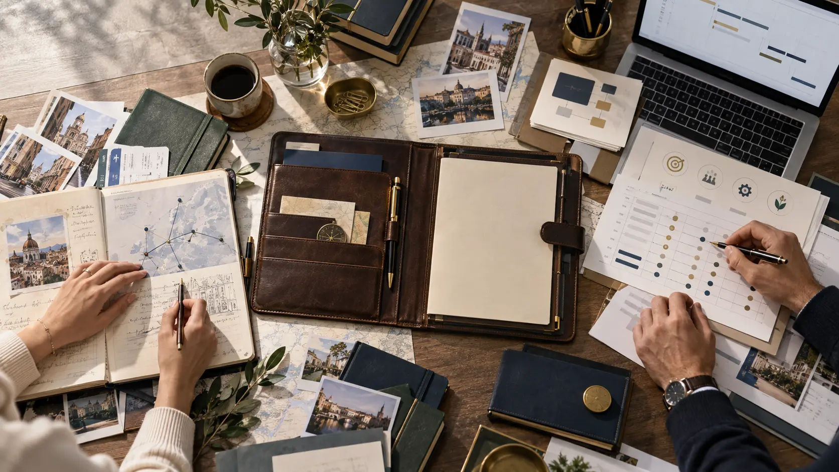 European project documents and an open leather ToolPack arranged as a working archive